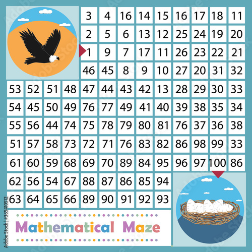 Mathematical square maze, mathematical problem with the image of an eagle and a nest with eggs, color vector illustration, design of children's books, development and education of children