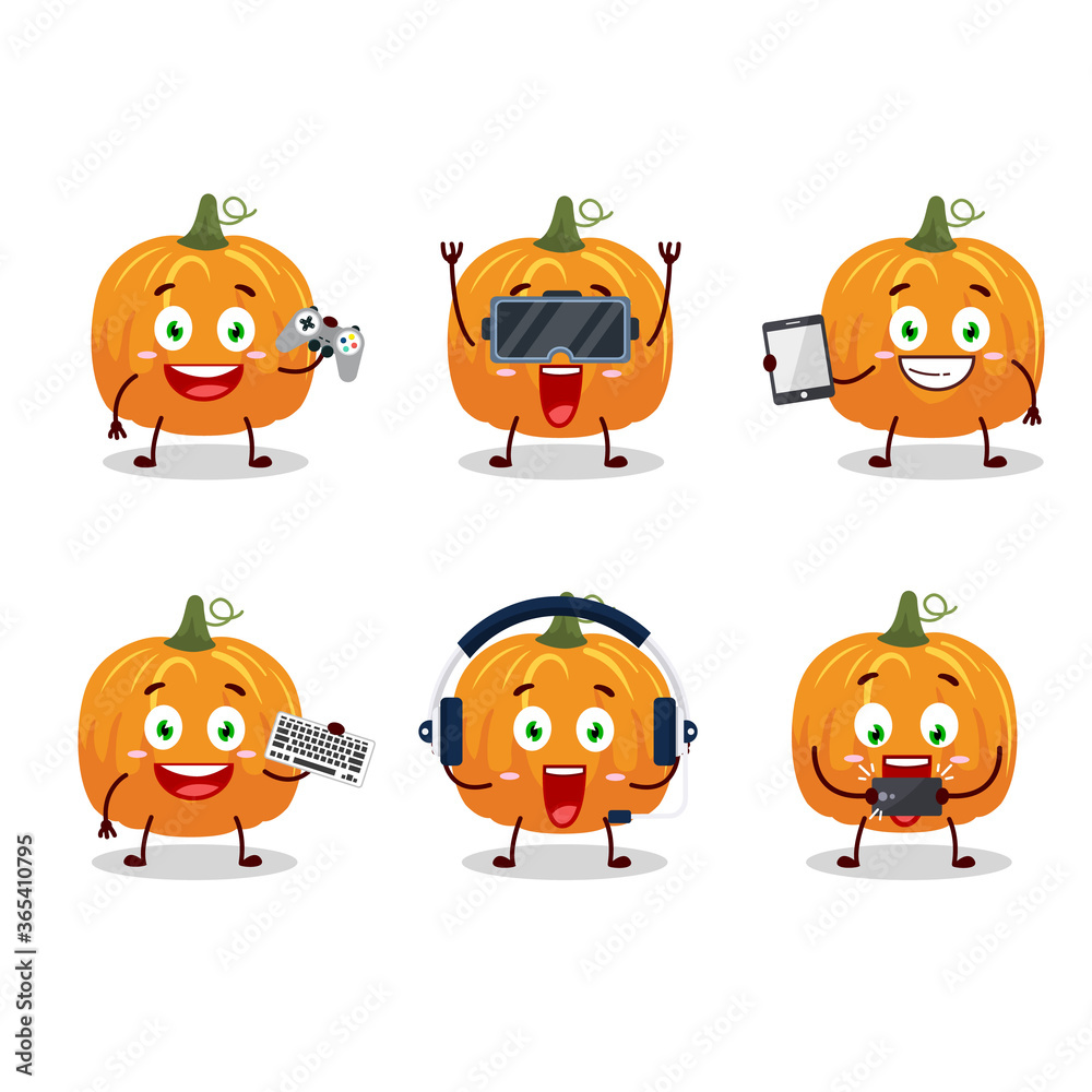 Pumpkin cartoon character are playing games with various cute emoticons Pumpkin cartoon character are playing games with various cute emoticons