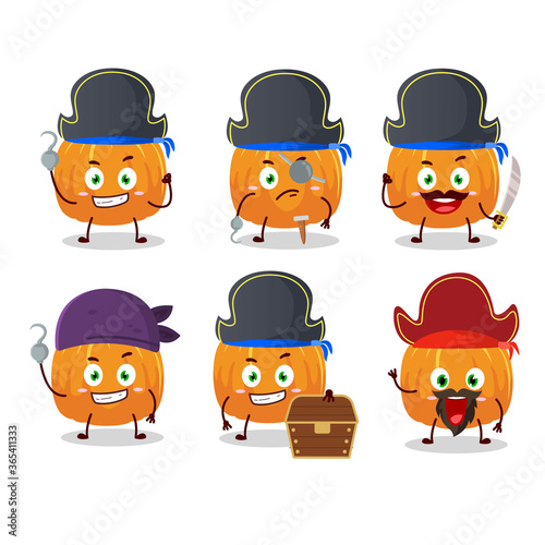Cartoon character of pumpkin with various pirates emoticons
