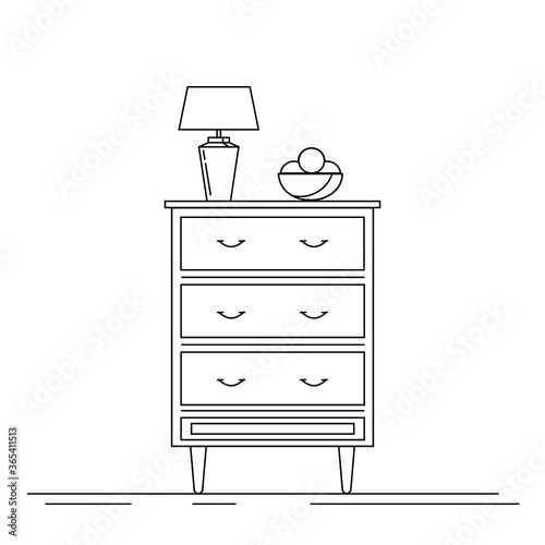 Vector furniture icon, linear chest icon. Furniture in the interior. Storage cabinet with fruit bowl and table lamp. Chest of drawers. Modern interior design.
