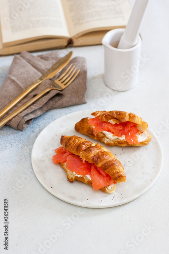 Delicious breakfast with croissant, smoked salmon, cheese and pepper on white plate. Opened old book on the background.