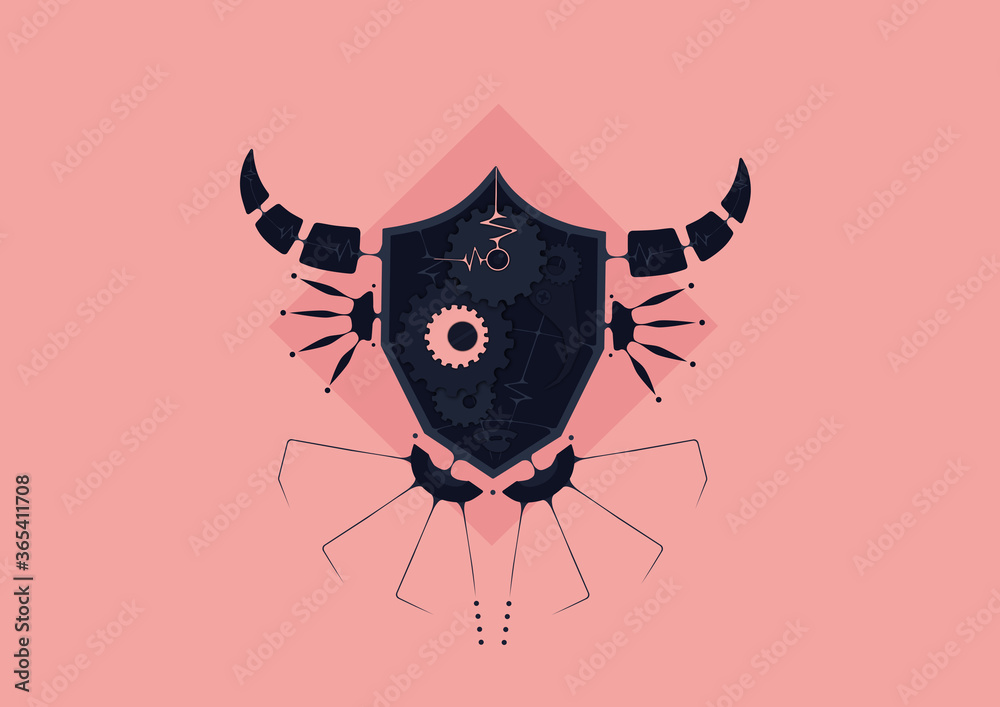Fototapeta premium Illustration of octagon robot head in geometric steampunk style. (Blue & Pink)