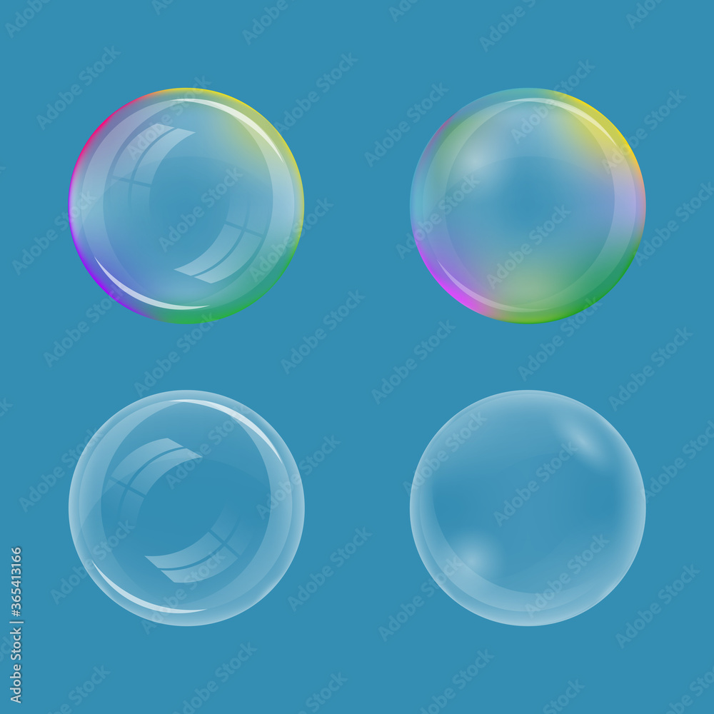 Vector illustration of a set of realistic soap bubbles on a blue background. Vector illustration of a set of realistic soap bubbles on a blue background.