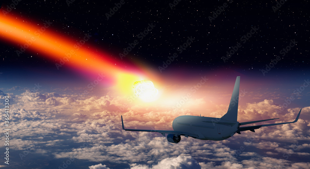 Attack of the asteroid (meteor) on the Earth with airplane in the sky Attack of the asteroid (meteor) on the Earth with airplane in the sky