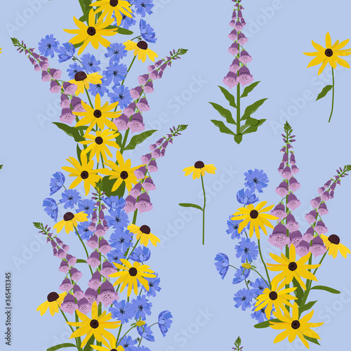 Seamless vector illustration with beautiful wildflowers on a blue background.