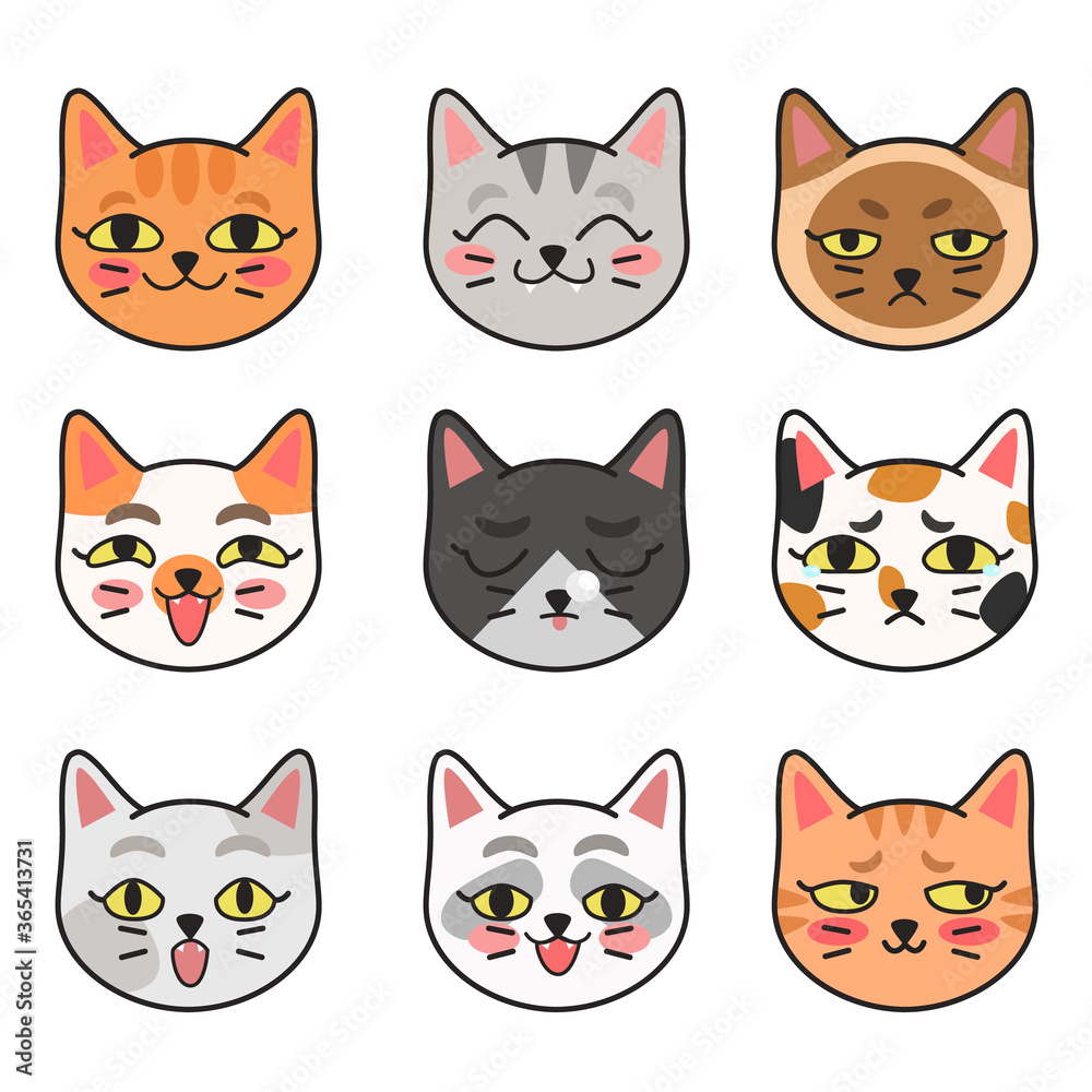 illustrations of adorable Kitty Faces on white Background.