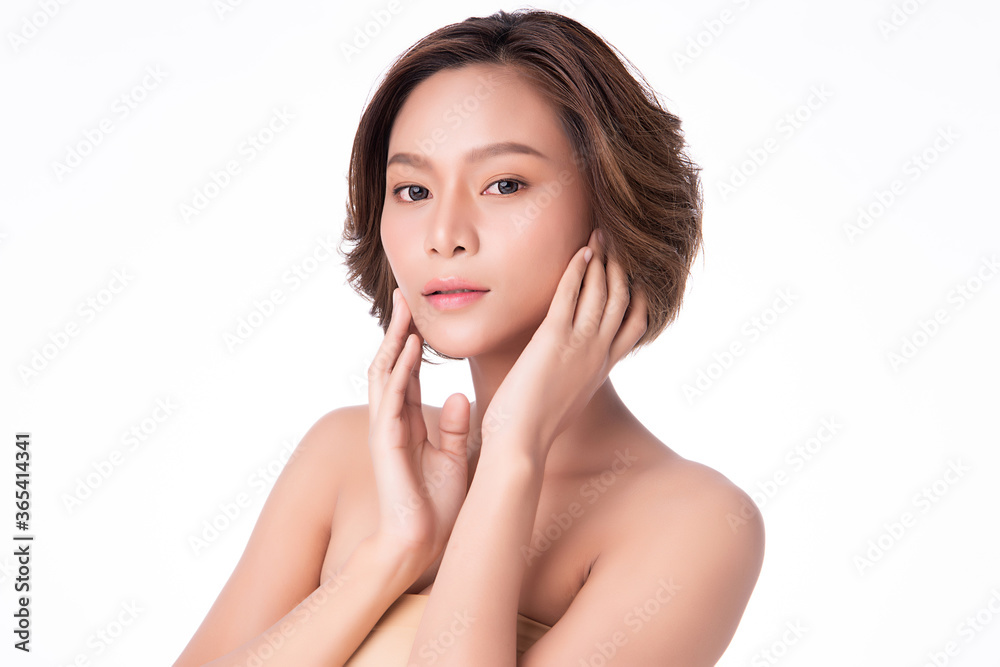 Beautiful Young asian Woman touching her clean face with fresh Healthy Skin, isolated on white background, Beauty Cosmetics and Facial treatment Concept, Beautiful Young asian Woman touching her clean face with fresh Healthy Skin, isolated on white background, Beauty Cosmetics and Facial treatment Concept,
