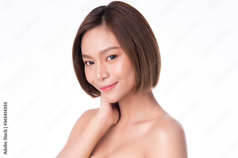 close up Portrait of Beautiful smiling young asian woman with clean skin, isolated on white background with skin healthcare concept. close up Portrait of Beautiful smiling young asian woman with clean skin, isolated on white background with skin healthcare concept.