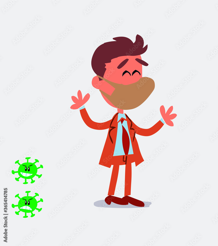 Very pleased businessman with mask and virus COVID 
