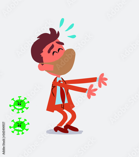 businessman with mask and virus COVID laughing a lot while showing something
