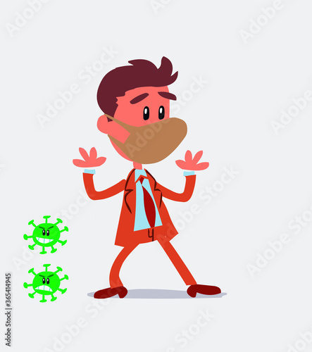 Pleasantly surprised businessman with mask and virus COVID 
