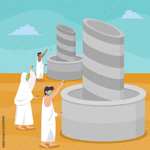 Hajj islamic pilgrimage ritual guide during pandemic covid-19. Flat style vector illustration of muslim characters stoning of the devil at Jamarat while wearing mask to prevent corona virus spread. photo