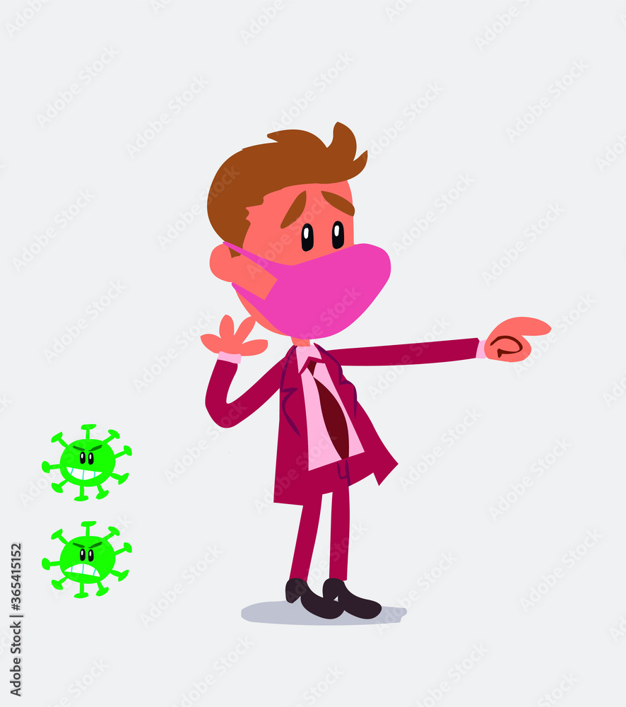 Surprised businessman with mask and virus COVID points to something
Surprised businessman with mask and virus COVID points to something
