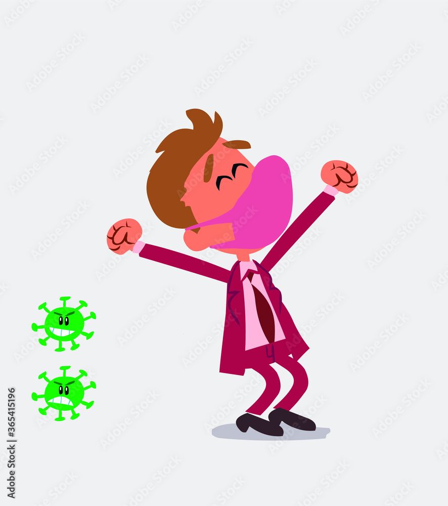Euphoric businessman with mask and virus COVID
Euphoric businessman with mask and virus COVID