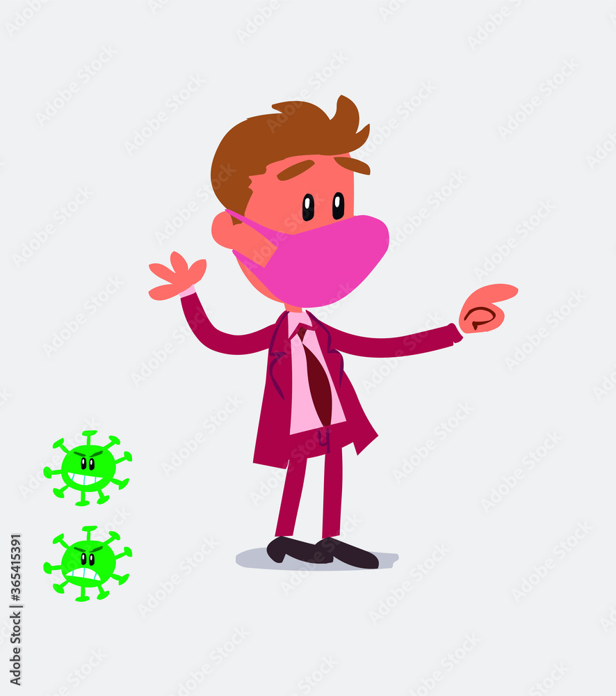 businessman with mask and virus COVID smiling while pointing
