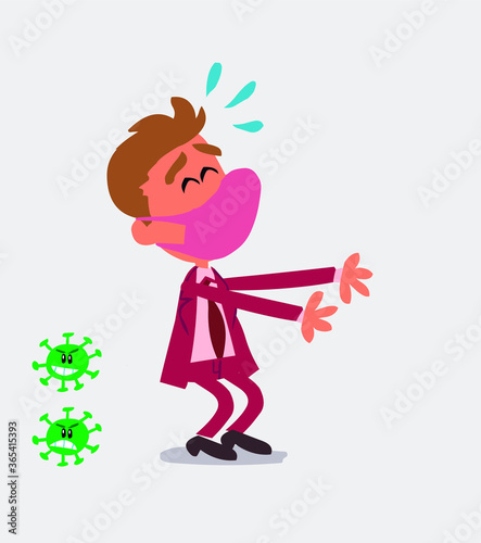 businessman with mask and virus COVID laughing a lot while showing something
