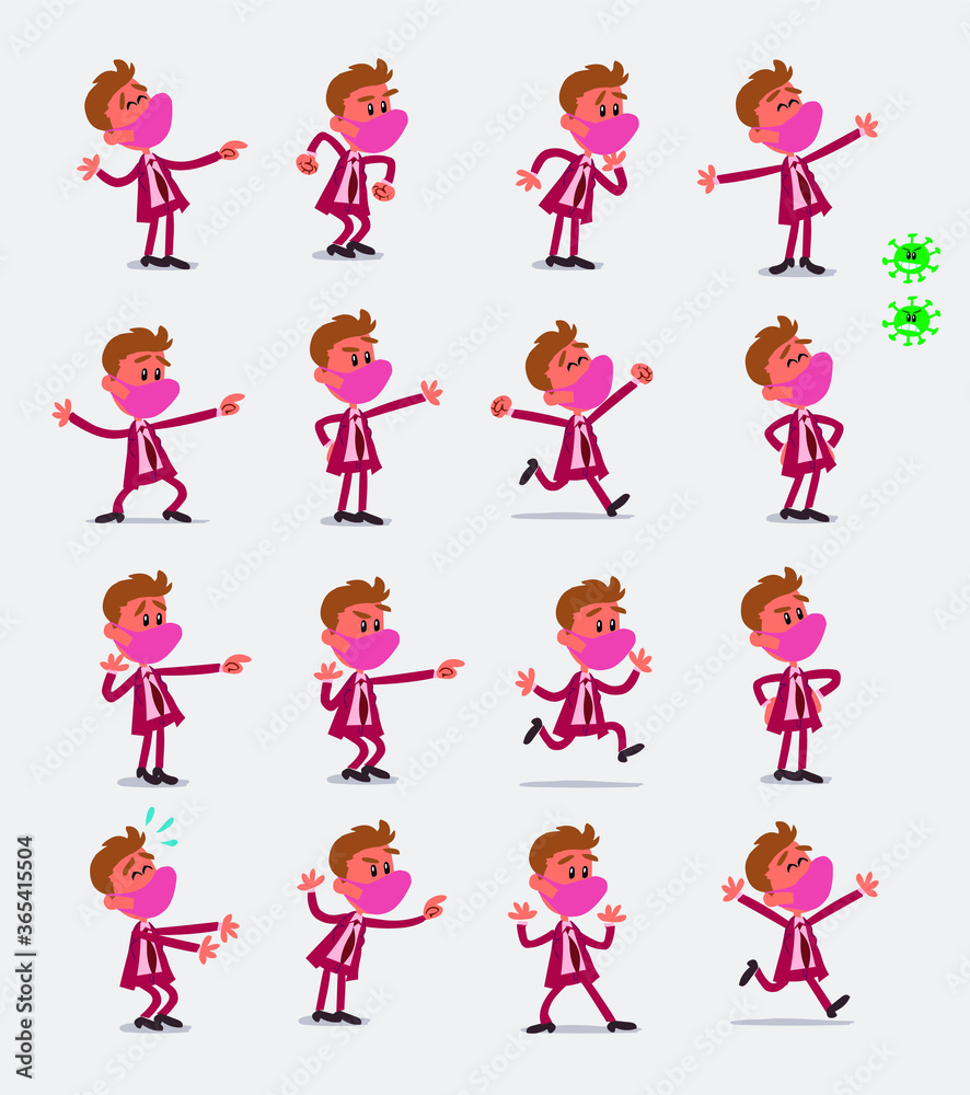 Cartoon character businessman with mask and virus COVID in smart casual style. Set with different postures, attitudes and poses, doing different activities in isolated vector illustrations.
