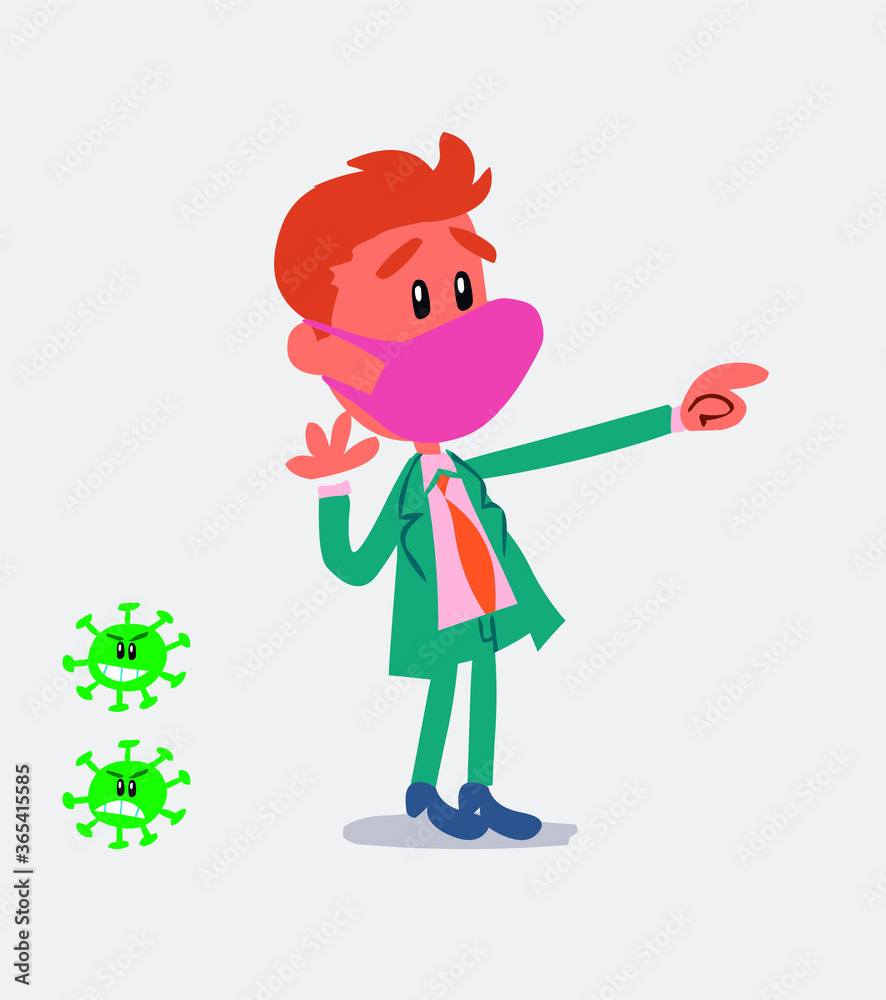 Surprised businessman with mask and virus COVID pointing at something
Surprised businessman with mask and virus COVID pointing at something