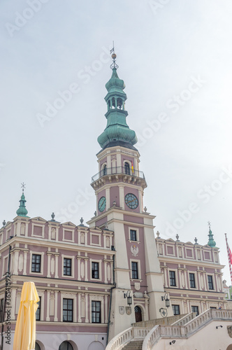 Clock Tower of Town Hall at Great Market Square (Rynek Wielki) in Zamosc.