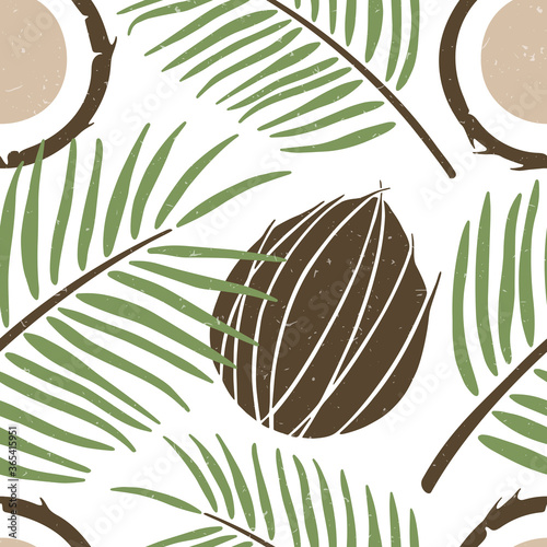 Cute coconut seamless pattern. Ripe coconut and and palm leaves on white background. Vector shabby hand drawn illustration