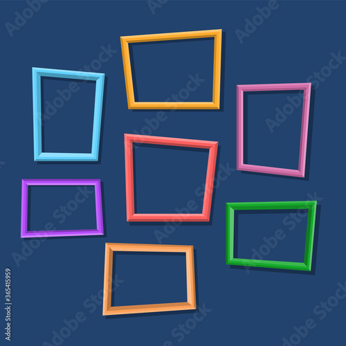 Collection of colorful photo frames hanging on the wall vector isolated. Empty space for message, blank background.