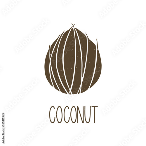 Cute colored caption coconut isolated on transparent background. Colorful pictogram original design. Vector shabby hand drawn illustration