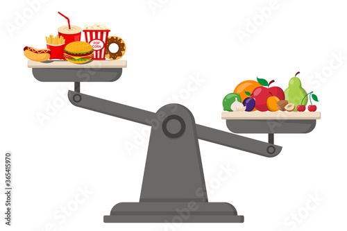 Healthy and junk food on scales vector isolated. Choose your lifestyle, idea of dieting. Fresh fruits, raw vegetables vs fast food.