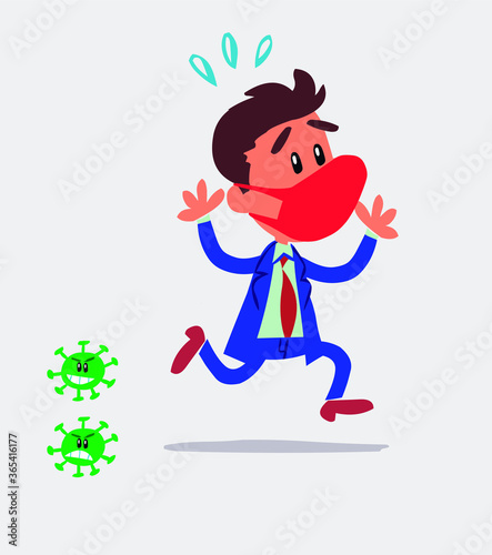 businessman with mask and virus COVID running scared 