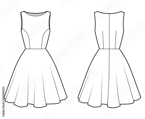Dress technical fashion illustration with fitted body, boat neck, sleeveless, semi-circular fullness, knee length. Flat apparel template front, back, white color. Women, men unisex CAD mockup