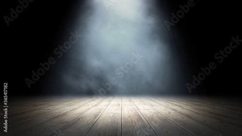 Empty stand up scene with wooden floor and spot lights.. Empty room studio gradient used for background and display your product. 3d illustration