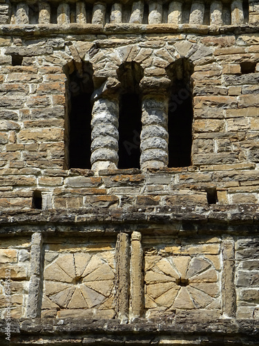 Detail decoration of the bell tower. Mozarab Pre-Romanesque or Romanesque Church of San Bartolome de Gavín in the Serrablo Region. 10th-11th century. Aragon. Spain.     photo