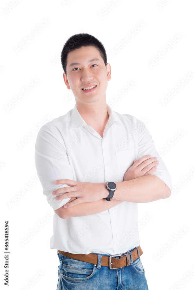 Asian handsome man in white shirt standing and smiles over white background. Asian handsome man in white shirt standing and smiles over white background.