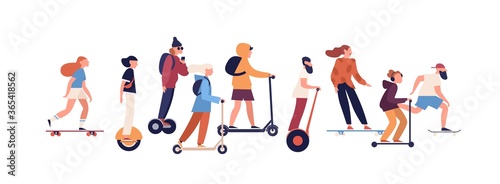Group of modern people riding on personal vehicle and electric transport devices vector flat illustration. Man and woman taking part at competition on self balancing transporter isolated on white