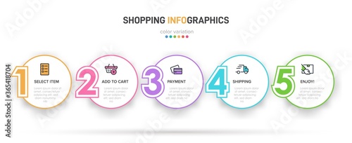 Concept of shopping process with 5 successive steps. Five colorful graphic elements. Timeline design for brochure, presentation, web site. Infographic design layout.