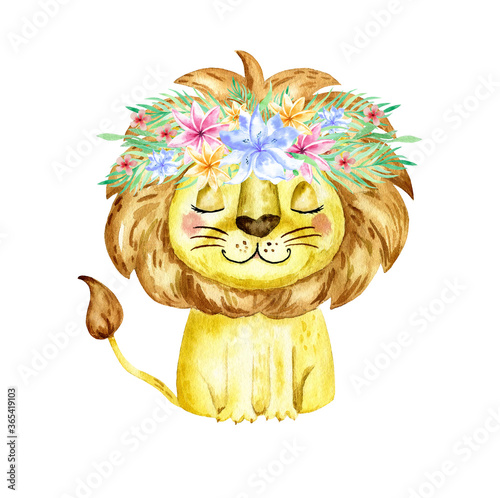 Watercolor illustration with a lion. Watercolor cartoon lion savanna animal illustration. Jungle savannah tropical exotic summer print.