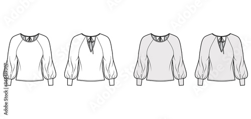 Blouse technical fashion illustration with wide round neck, exaggerated balloon raglan sleeves. sleeves, ties at back. Flat apparel shirt template front, back, white grey color. Women men unisex top