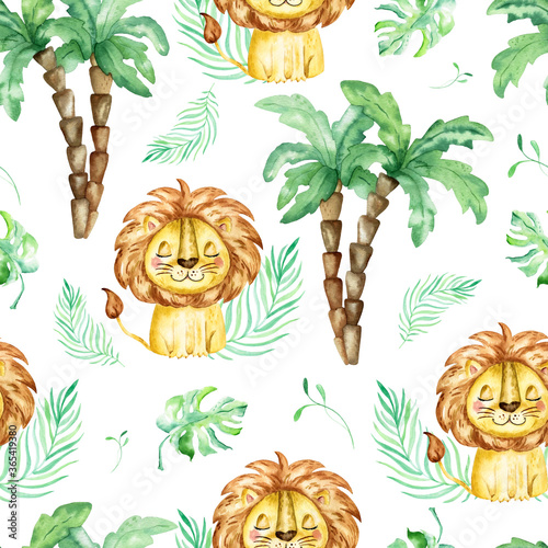 seamless tropical pattern with a lion. Watercolor cartoon lion savanna animal illustration. Jungle savannah tropical exotic summer print.