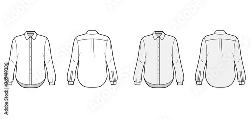 Classic shirt technical fashion illustration set with button down front opening, round collar, long sleeves with cuff, oversized. Flat apparel template front back white grey color. Women men CAD