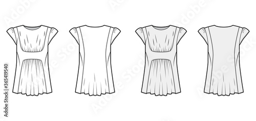 Blouse technical fashion illustration with oversized body, gathered front and back, for a pleated effect, short, cap sleeves. Flat apparel template front, back, white, grey color. Women, men, mockup