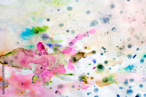 Watercolor abstract background with colorful rough stains and leaks of paint on the white paper