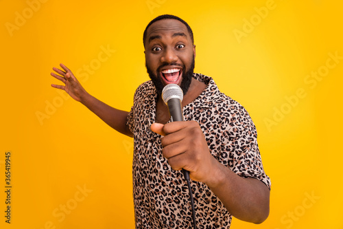 Photography Close-up portrait of his he nice handsome funny bearded cheerful cheery guy sing
