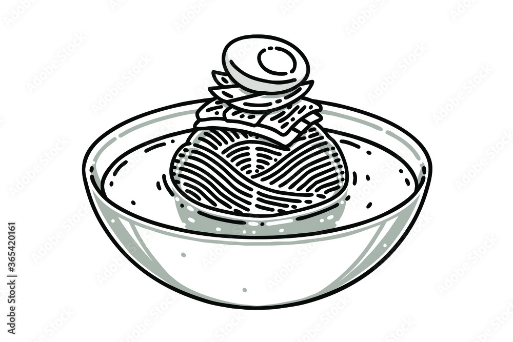 Naengmyeon. This is a Korean noodle dish of long and thin handmade noodles made from the flour and starch of various ingredients. Vector line art illustration. Naengmyeon. This is a Korean noodle dish of long and thin handmade noodles made from the flour and starch of various ingredients. Vector line art illustration.