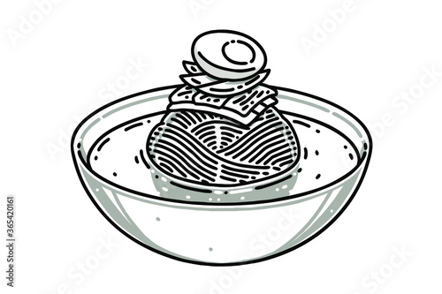 Naengmyeon. This is a Korean noodle dish of long and thin handmade noodles made from the flour and starch of various ingredients. Vector line art illustration.