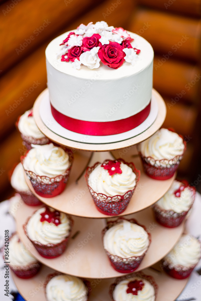 wedding white cake with decorative red ribbon wedding white cake with decorative red ribbon