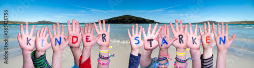 Foto Children Hands Building Colorful German Word Kinder Staerken Means Strengthen Children