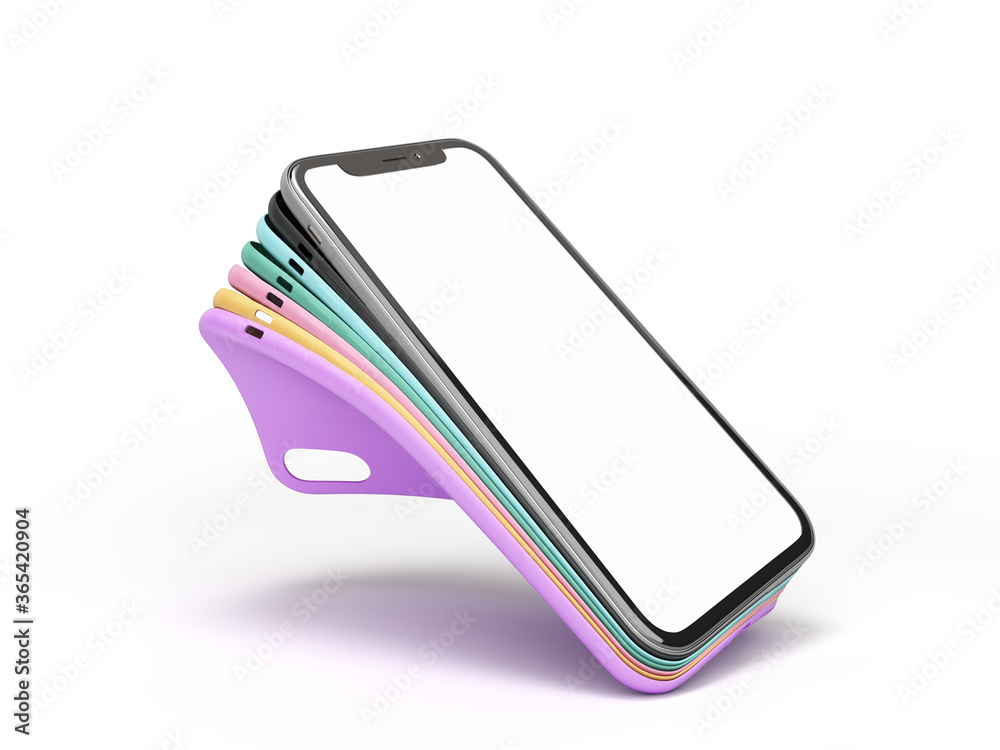 multicolored band phone cases presentation for showcase 3d render on whire background