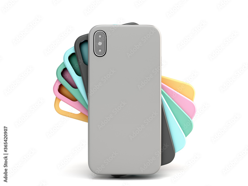 multicolored phone cases presentation for showcase 3d render on white