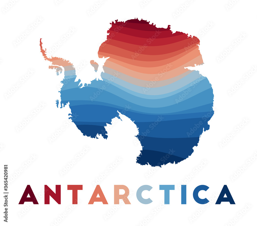 Antarctica map. Map of the country with beautiful geometric waves in red blue colors. Vivid Antarctica shape. Vector illustration.