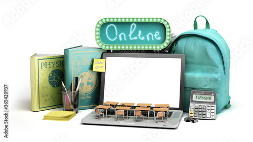online education concept Blue backpack with school supplies and empty screen laptop 3d render on white