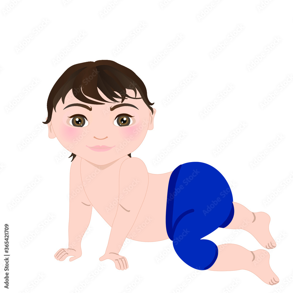 Crawling little baby boy. Baby emotions. Child development, first year. Colorful vector illustration isolated on white background Crawling little baby boy. Baby emotions. Child development, first year. Colorful vector illustration isolated on white background